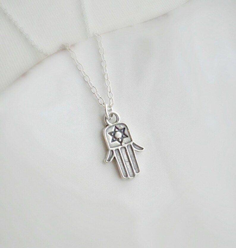 Hand Necklace, Hamsa Necklace in Sterling Silver, Hamsa Hand Pendant, Jewelry of Good Fortune, Happiness and Love Symbol Necklace image 4