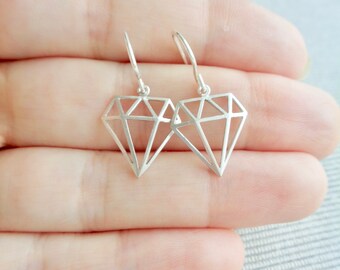 Diamond Earrings Cutout Diamond in Silver Diamond Shaped Minimalist Modern Everyday Earrings Geometric Drop Silver Earrings Gift for Her
