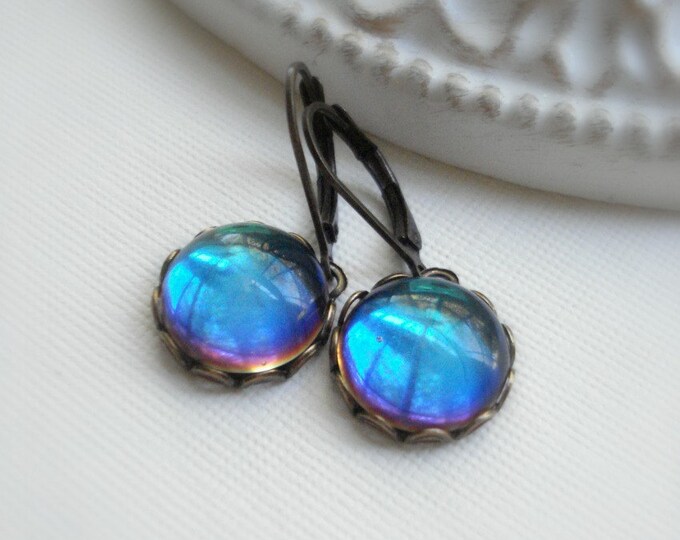 Blue Dangle Earrings, Bermuda Blue Glass, Antique Brass Drop Earrings, Gift for Her Under 25 - Etsy
