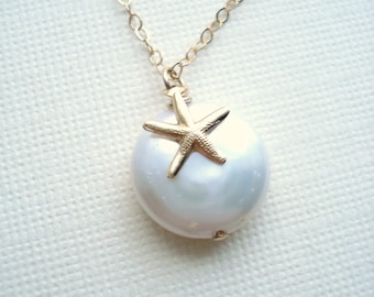 Gold Starfish White Coin Pearl Necklace Bridesmaids Beach Wedding Jewelry 14K Gold Filled