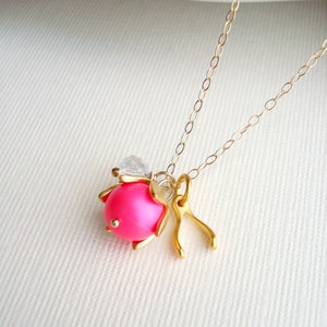 Gold Wishbone Necklace Neon Pink Necklace Fashion Jewelry, Gift For Her Lucky Charm Necklace Swarovski Pearl Modern Everyday Jewelry