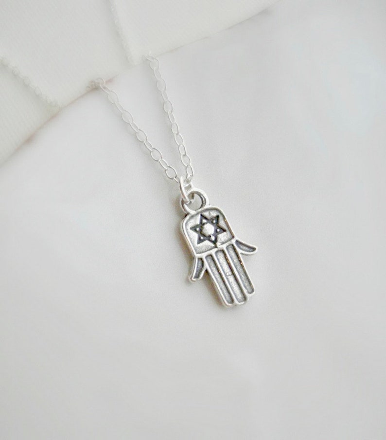 Hand Necklace, Hamsa Necklace in Sterling Silver, Hamsa Hand Pendant, Jewelry of Good Fortune, Happiness and Love Symbol Necklace image 2