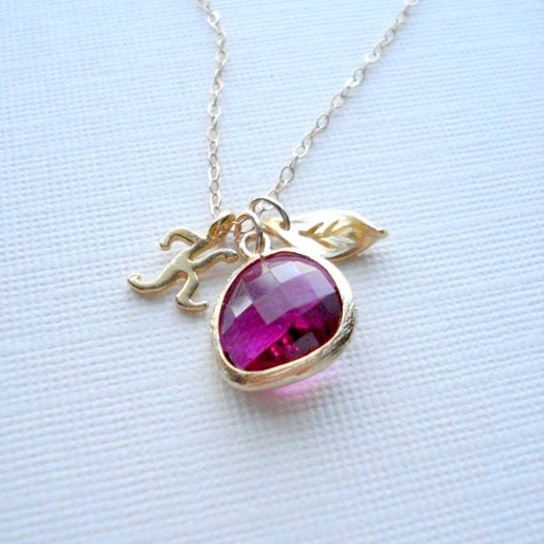 Personalized Necklace In Gold, Gold Initial Necklace, Leaf Necklace, Custom Initial, Letter Necklace, Fuchsia Briolette Gold Necklace