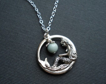 Mermaid Necklace In Silver Mermaid Pendant Fantasy Jewelry Blue Amazonite Pale Blue Stone Necklace Gift For Her Nautical Jewelry