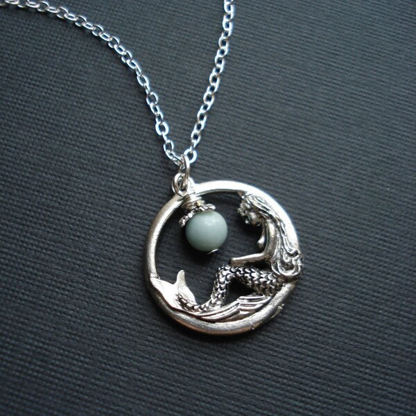 Mermaid Necklace In Silver Mermaid Pendant Fantasy Jewelry Blue Amazonite Pale Blue Stone Necklace Gift For Her Nautical Jewelry