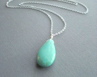 Turquoise Teardrop Necklace Turquoise Pendant Blue Stone Necklace Long Silver Necklace Layer Turquoise Jewelry December Birthday Gift