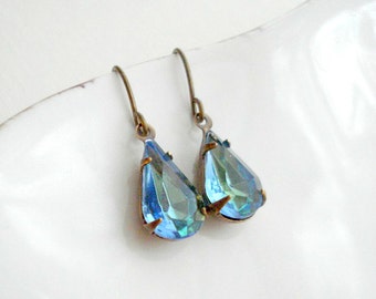 Blue Drop Earrings in Brass Aqua Blue with Green Earrings In Brass Blue Vintage Jewels, Costume Jewelry, Vintage Style Jewelry Drop Earrings