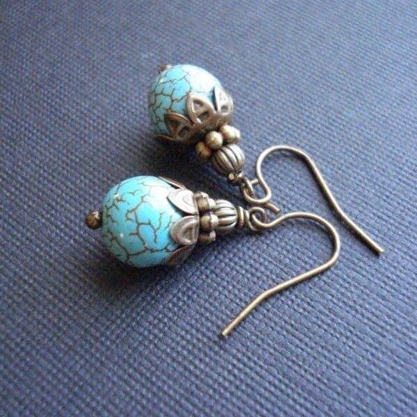 Turquoise Earrings In Antiqued Brass Vintage Style Jewelry Beaded Turquoise Earrings Blue Stone Drop December Birthday Gift