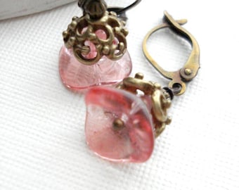 Victorian Earrings, Pink Drop Earrings Rose Flower Dangle Earrings In Brass, Pink Glass Floral Earrings, Vintage Style Jewelry, Gift For Her
