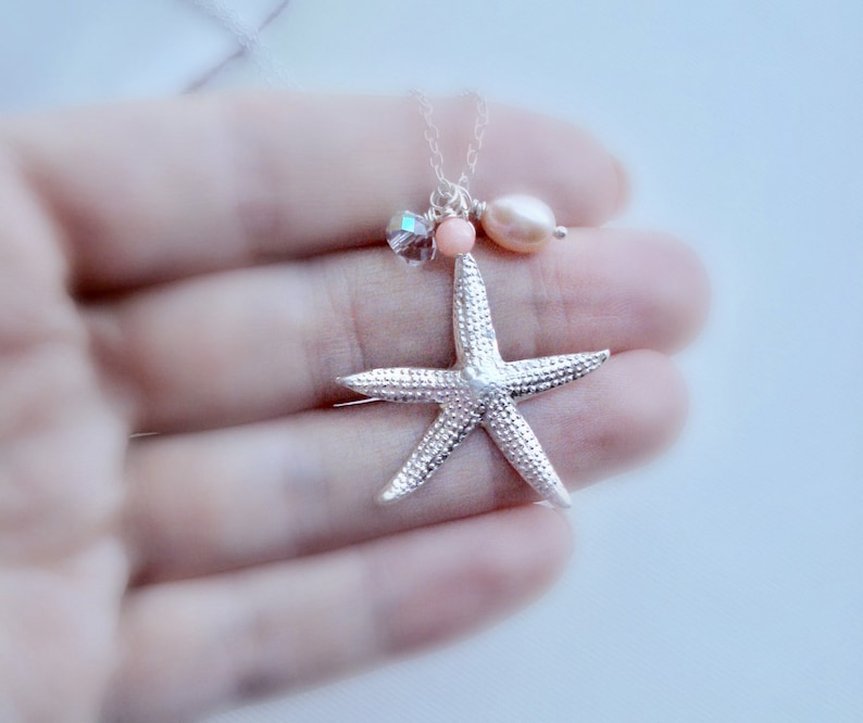 Large Starfish Necklace in Sterling Silver Pink Coral Pearl Beach Necklace Mediterranean Jewelry Mermaid Necklace Beach Wedding Jewelry