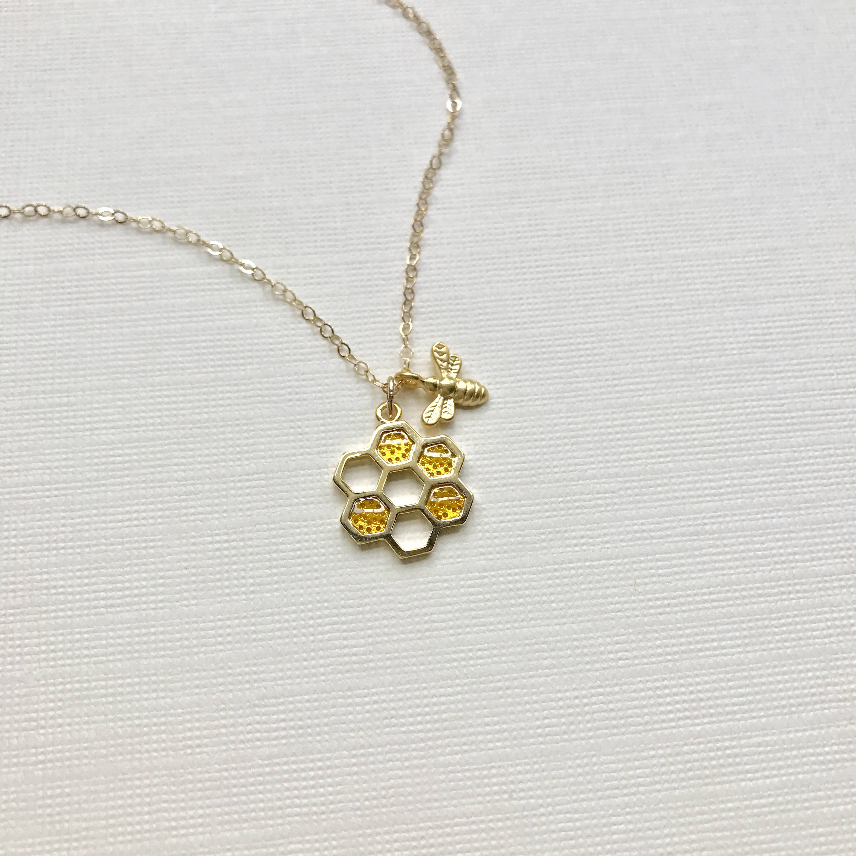 Gold Bee Necklace Honeycomb Beehive Pendant Honey Autumn Jewelry Mothers Gift For Her