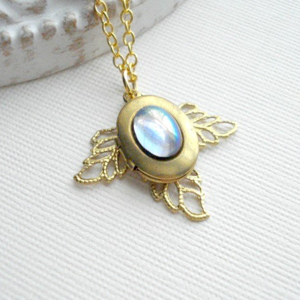 Oval Locket Necklace. Small Angel Locket. Medallion Necklace, Light Sapphire Stone Necklace. Sky Blue, Gold Locket