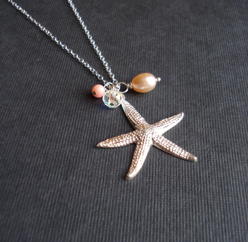 Large Starfish Necklace in Sterling Silver Pink Coral Pearl Beach Necklace Mediterranean Jewelry Mermaid Necklace Beach Wedding Jewelry
