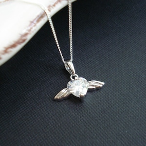 Crystal Heart With Wings Pendant Necklace In Sterling Silver Delicate Angel Necklace  Modern Necklace Birthday Valentine Gift For Her
