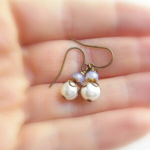 White Pearl Earrings with Opal, Czech Glass, Antique Brass Jewelry, Opal Earrings, Vintage Style Earrings, Gift for Her Victorian Jewelry image 3