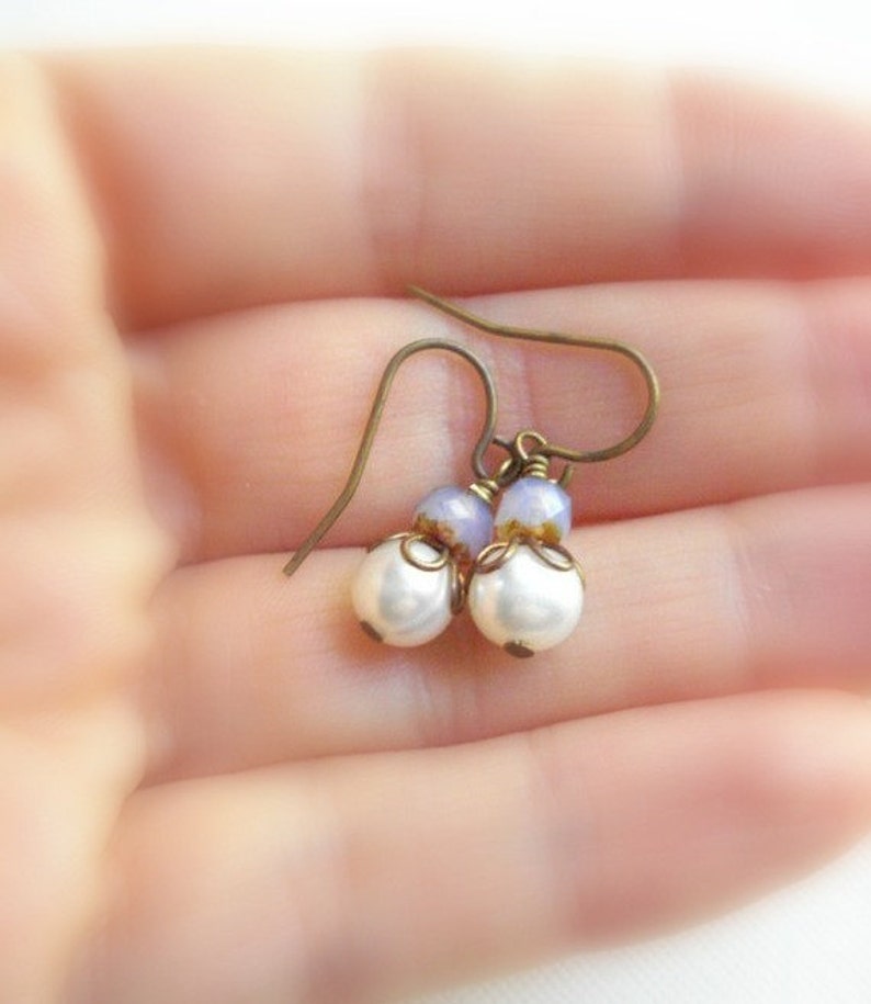 White Pearl Earrings with Opal, Czech Glass, Antique Brass Jewelry, Opal Earrings, Vintage Style Earrings, Gift for Her Victorian Jewelry image 3