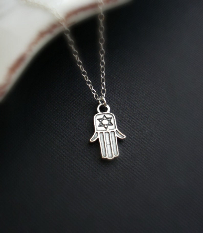 Hand Necklace, Hamsa Necklace in Sterling Silver, Hamsa Hand Pendant, Jewelry of Good Fortune, Happiness and Love Symbol Necklace image 1