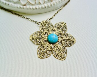 Flower Necklace, Boho Necklace, Turquoise Necklace, Large Brass Flower with Turquoise Necklace, Mothers Gift For Her, Birthday Gift