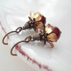 Red Earrings, Vintage Style Costume Jewelry Victorian Earrings Drop Earrings Brass Jewelry Gold Red Drop Earrings, Wedding Jewelry