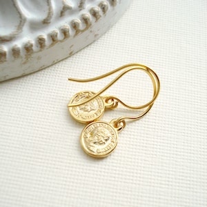 Tiny Gold Coin Earrings Queen Elizabeth Earrings, Delicate Minimalist Gold Drop Earrings, Everyday Jewelry, Gift For Her