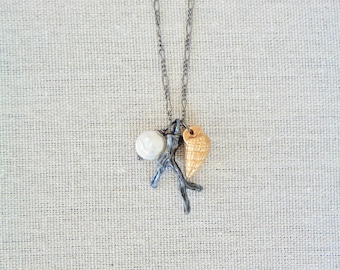 Beach Necklace Shell Coral and Pearl Necklace In Gunmetal Ocean Necklace Black Branch with Shell and Coin Pearl Necklace Mermaid Necklace