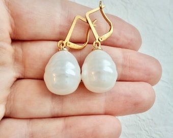 White Pearl Earrings, White Gold Large Pearl Earrings, Girl with a Pearl Earring Vermeer Dutch Golden Age, Gift For Her, Wedding Jewelry