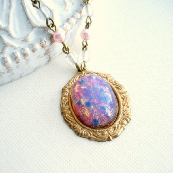 Fire Pink Opal Pendant With Beaded Chain. Vintage Opal Necklace, Jeweled Necklace, Victorian Necklace, Statement Necklace