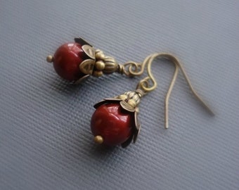 Wine Red Earrings Brass Bordeaux Earrings Pearl Earrings Swarovski Pearls Drop Earrings Red Beaded Earrings Vintage Earrings Burgundy
