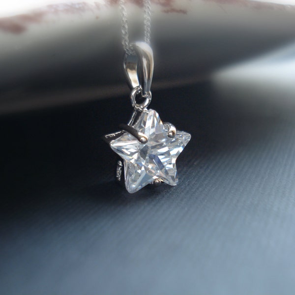 Crystal Star Necklace In Sterling Silver, Star Pendant, Cubic Zirconia, Delicate Everyday Jewelry, Modern