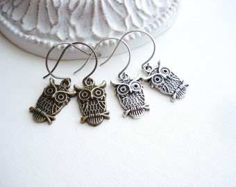 Owl Earrings In Antiqued Brass Or Antique Silver, Owl Twin Peaks Woodland Earrings Bird Earrings Silver Long Earrings, Gift For Her