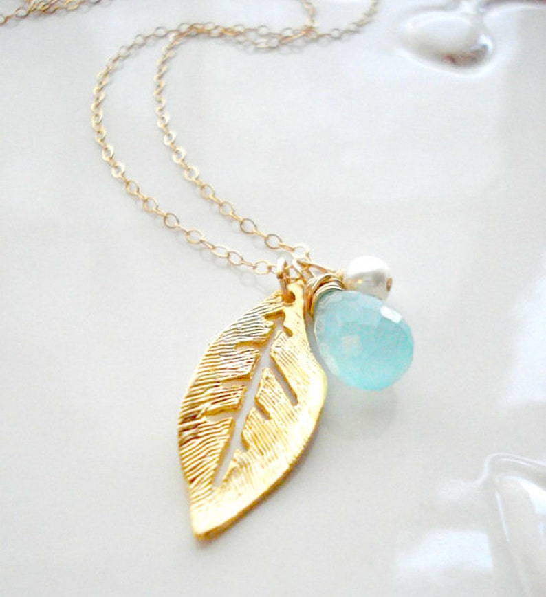Gold Leaf Necklace Wedding Jewelry Seafoam Green Gold Leaf Etsy