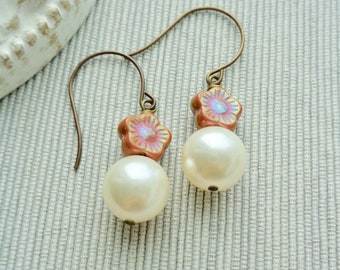 Pearl and Flower Earrings, Cream Pearl Earrings, Large Earrings, Mauve Pink Earrings, Gift For Her, Victorian Style Earrings