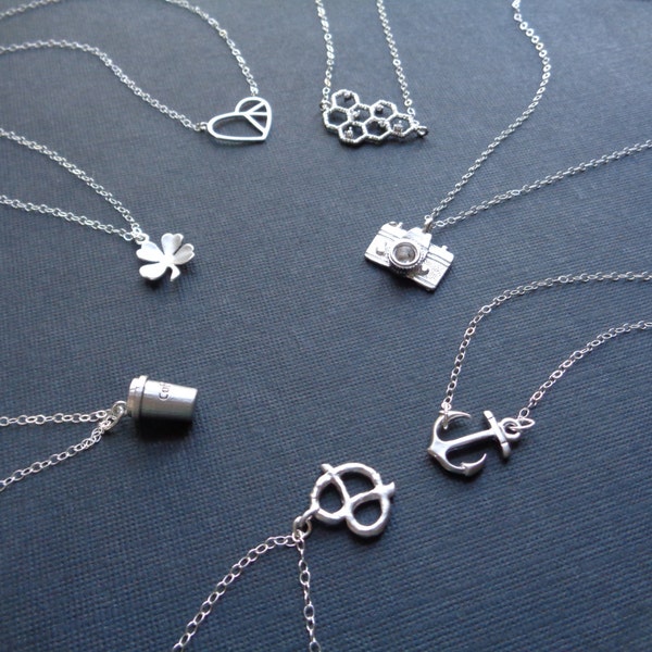 Minimalist Silver Necklace, Choose Your Pendant Anchor Clover Camera Heart Honeycomb Pretzel Coffee, Anchor Necklace Silver Heart Necklace