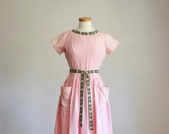Vintage 1950s Pink Embroidered Cotton Fit & Flare Summer Dress