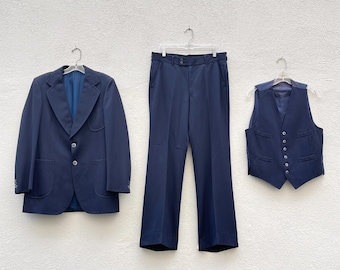 Vintage 1970s Navy Blue Fine Pinstripe 3 Piece Suit Tailored Wool