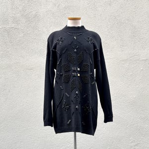 Vestido curto de tricô preto com detalhes em floco de neve e miçangas, estilo Victoria Jones, vintage anos 80/90, tamanho G.