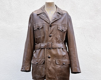 Vintage 70's Men's Brown Leather Belted Car Coat Jacket Size 44