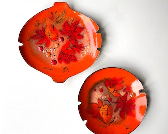 Pair of Sascha Brastoff MCM Copper & Enamel Orange Trays Foliage Design