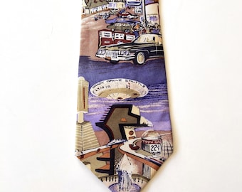 Vintage 80s Men's John Henry 100% Silk Graphic Novelty Print Necktie Tie