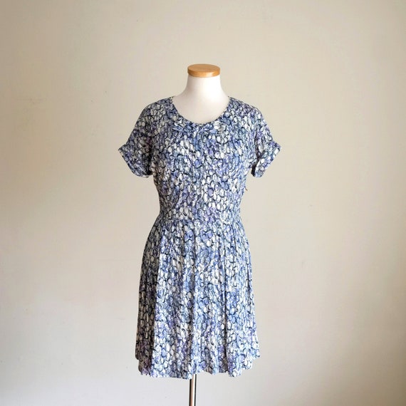 Vintage 1950s Blue & White Abstract Circles Rayon