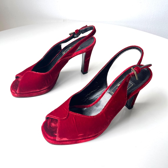 Fendi, Vintage 90s Fendi Ruby Red Velvet Peep Toe Slingback Stiletto Heels Shoes Size 7
