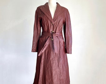 Vintage 70’s Opera Leather Fit and Flare Cognac Brown Long Trench Coat