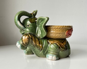 Vintage MCM Green Lucky Elephant Art Pottery Planter