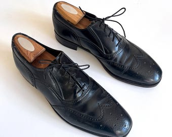 Vintage Mens Florsheim Black Brogued Wingtip Balmoral Oxford Dress Shoes Size 10