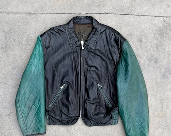 Vintage 90s Men's Massimo Gori Black & Green Leather Bomber Jacket. Size Large