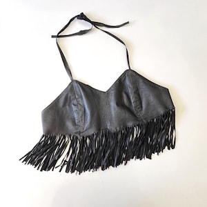 Vintage Black Leather Fringe Halter Top