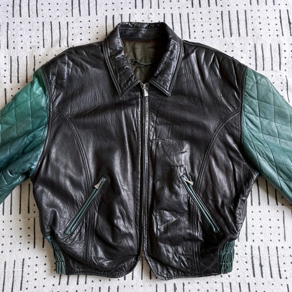 T 90s MASSIMO GORI レザー カバーオール Vintage Men's Massimo Gori Color Block Black & Green Leather