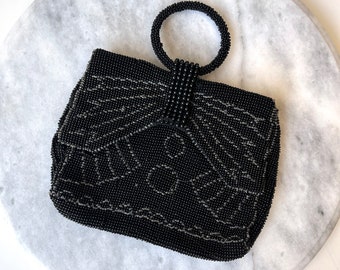 Antique Czech Art Deco Black Beaded Handbag