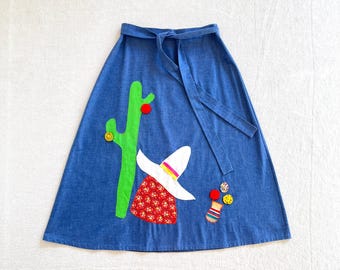 Vintage 70s Handmade Blue Desert Cactus Applique Wrap Skirt Medium