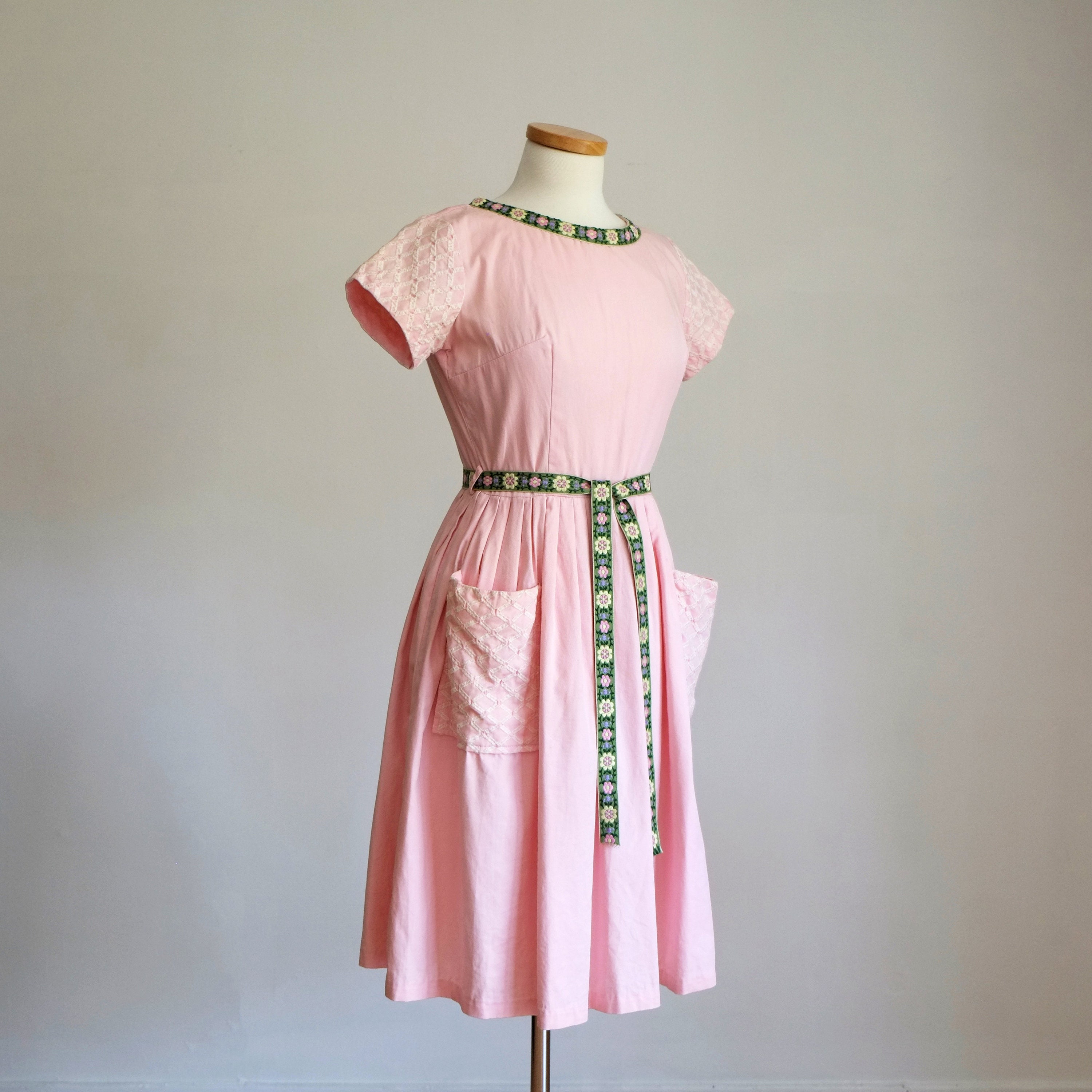 Vintage 1950s Pink Embroidered Cotton Fit & Flare Summer Dress - Etsy